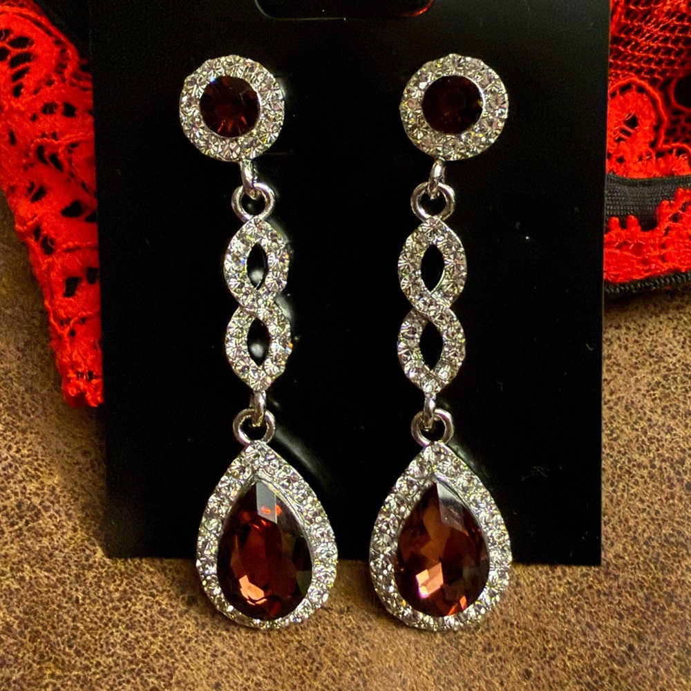 Clear rhinestone crystal faux diamond red brown 2.5” earrings ball prom formal
